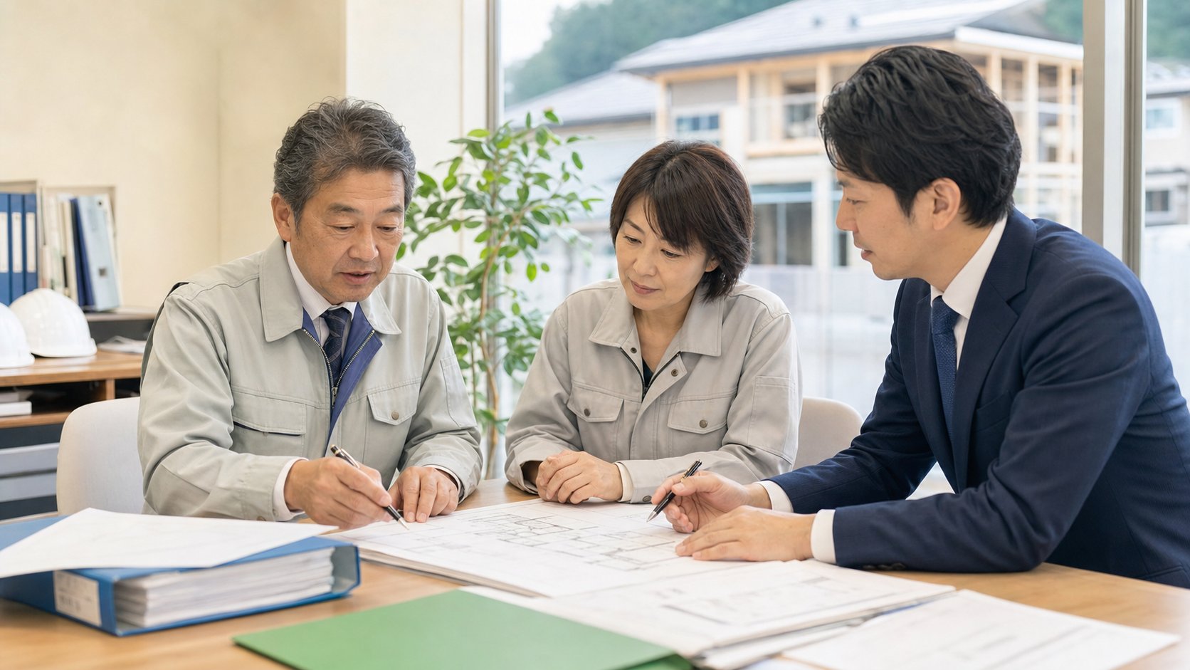 川口の建設業M&Aで工務店の承継資料と施工図面を確認する経営者とアドバイザー