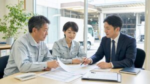 川口の運送業M&Aで物流会社の承継資料を確認する経営者とアドバイザー