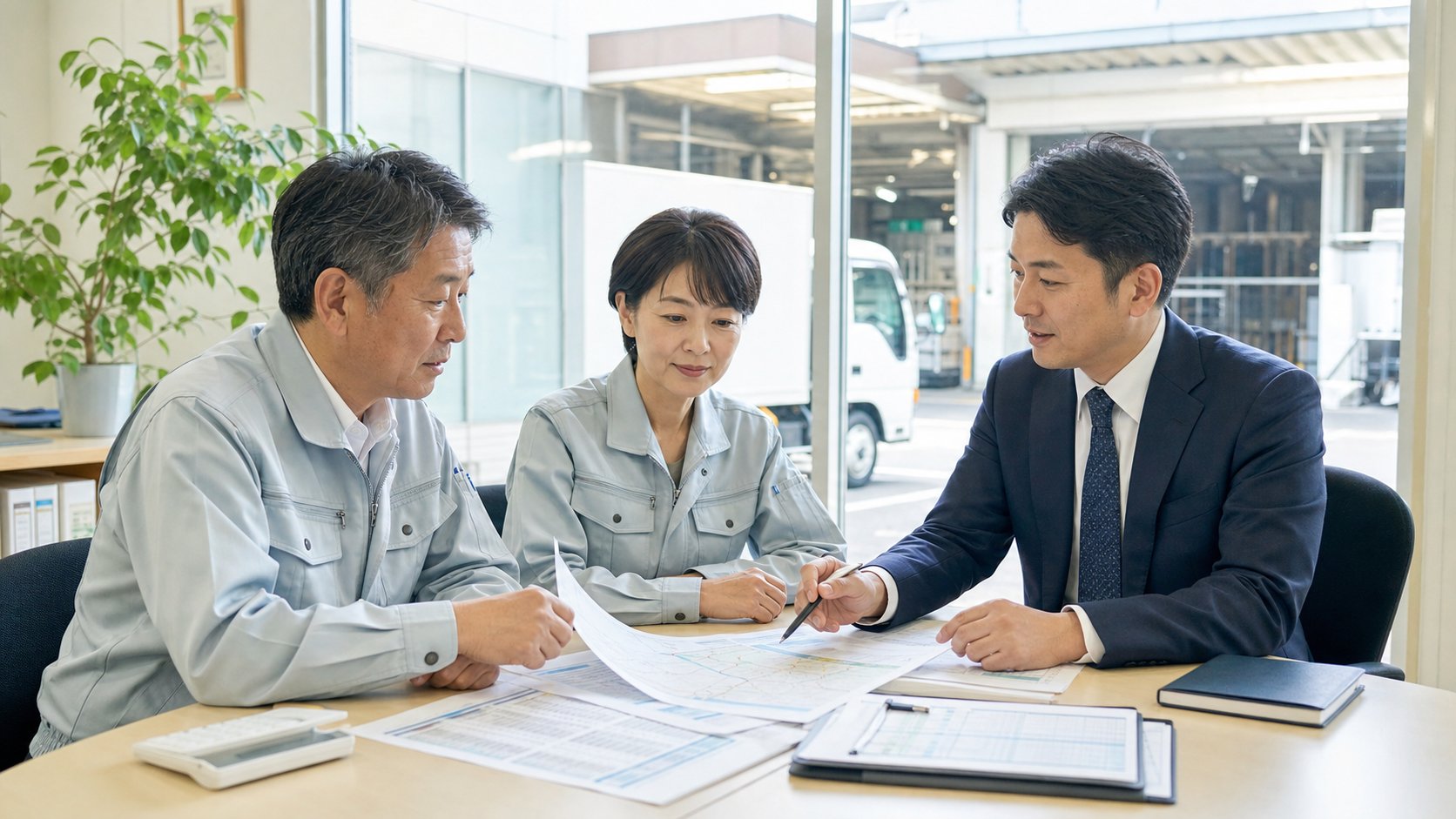 川口の運送業M&Aで物流会社の承継資料を確認する経営者とアドバイザー