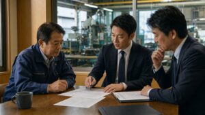 川口の事業承継M&Aで製造業の承継資料を確認する経営者とアドバイザー