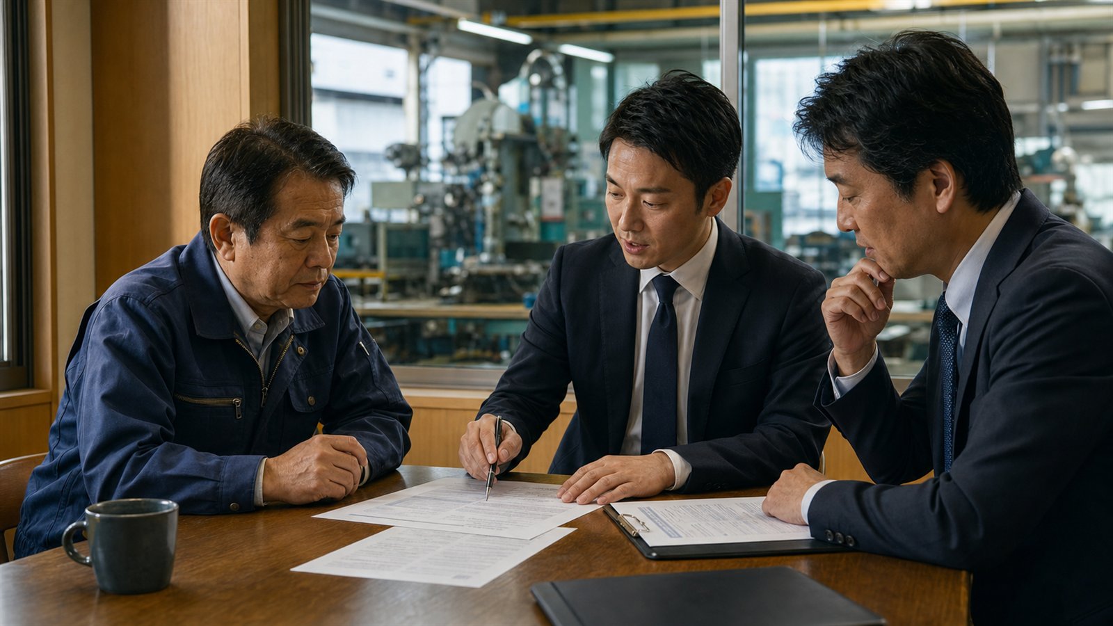 川口の事業承継M&Aで製造業の承継資料を確認する経営者とアドバイザー
