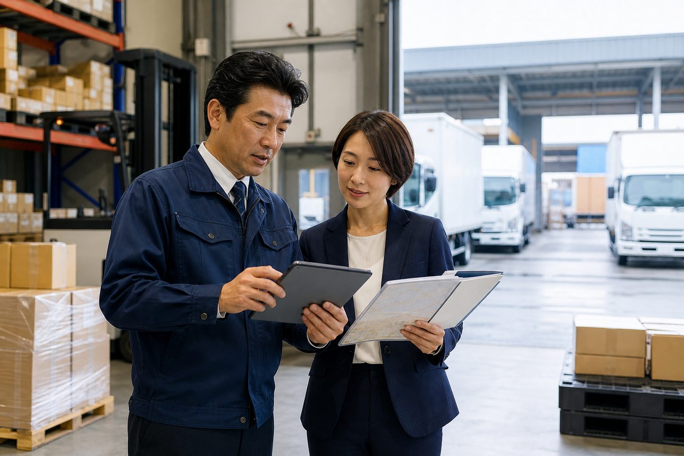 物流倉庫で運送会社の承継条件を確認する経営者とアドバイザー