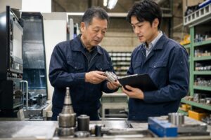 川口の製造業承継で設備と技術を確認する経営者と後継候補