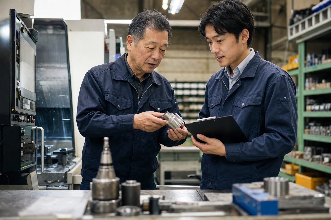 川口の製造業承継で設備と技術を確認する経営者と後継候補