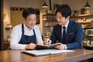 店舗サービス業の事業承継を相談する店主とM&Aアドバイザー