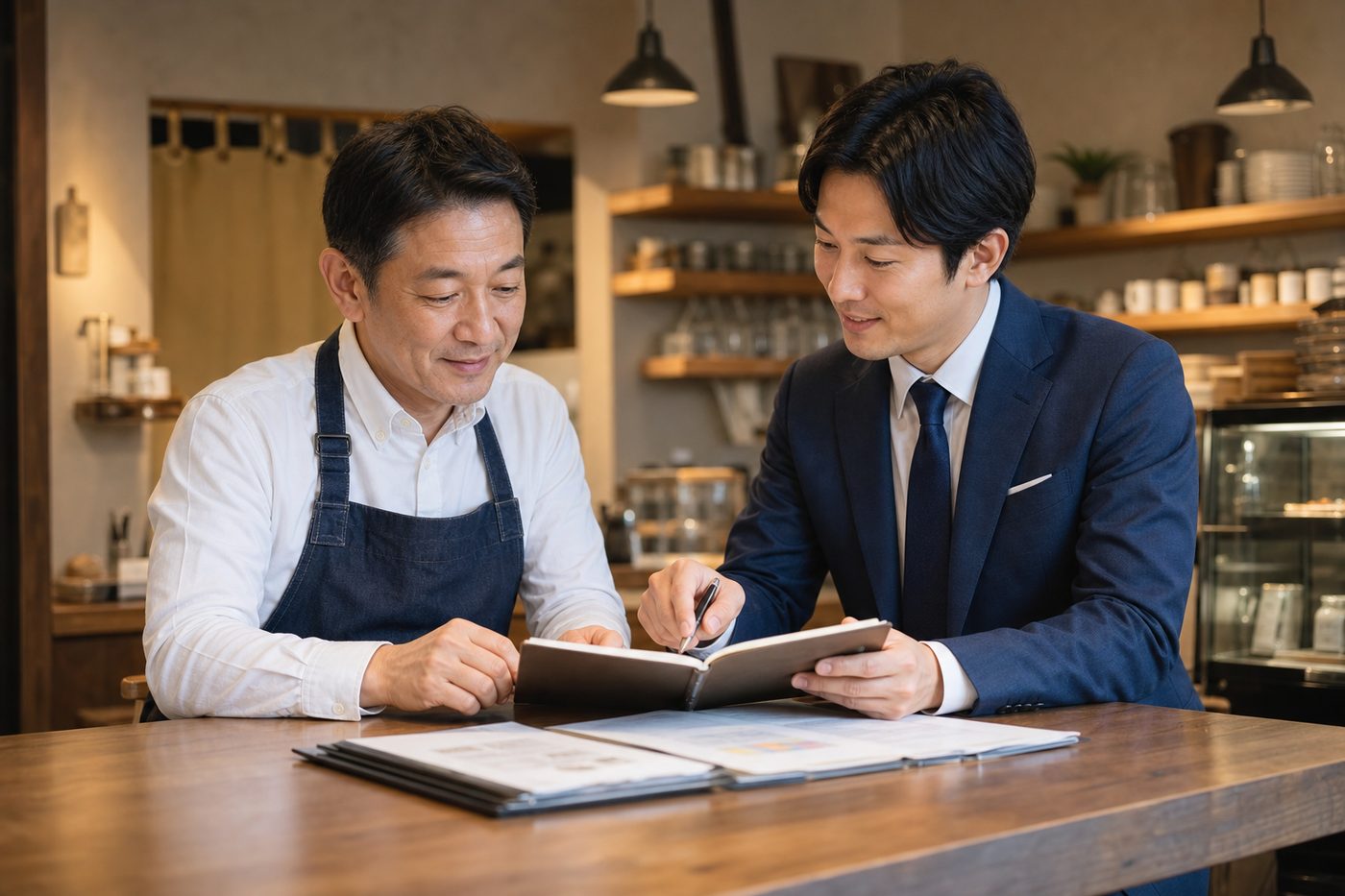 店舗サービス業の事業承継を相談する店主とM&Aアドバイザー