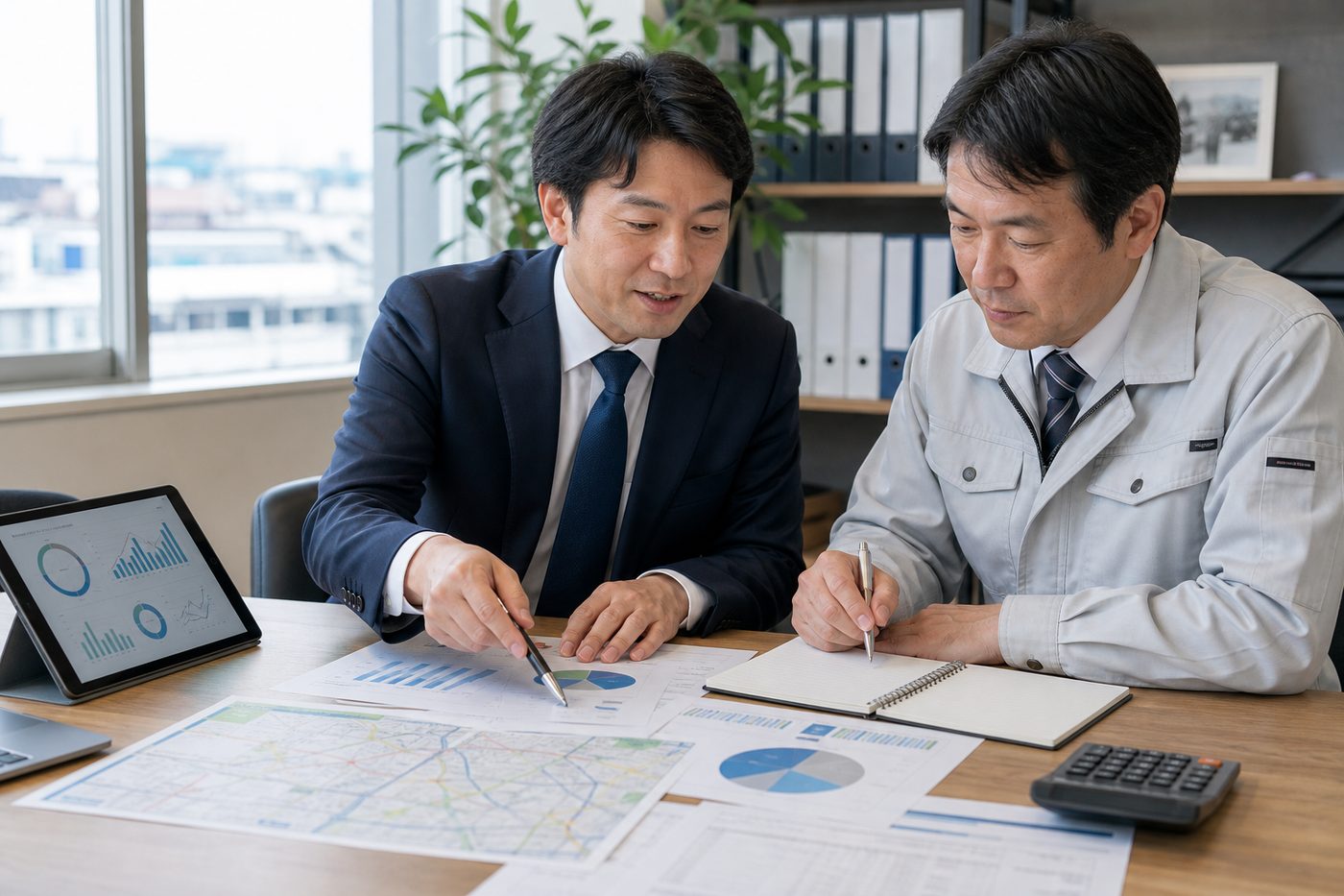 川口周辺企業の価値評価資料を確認するM&Aアドバイザーと経営者