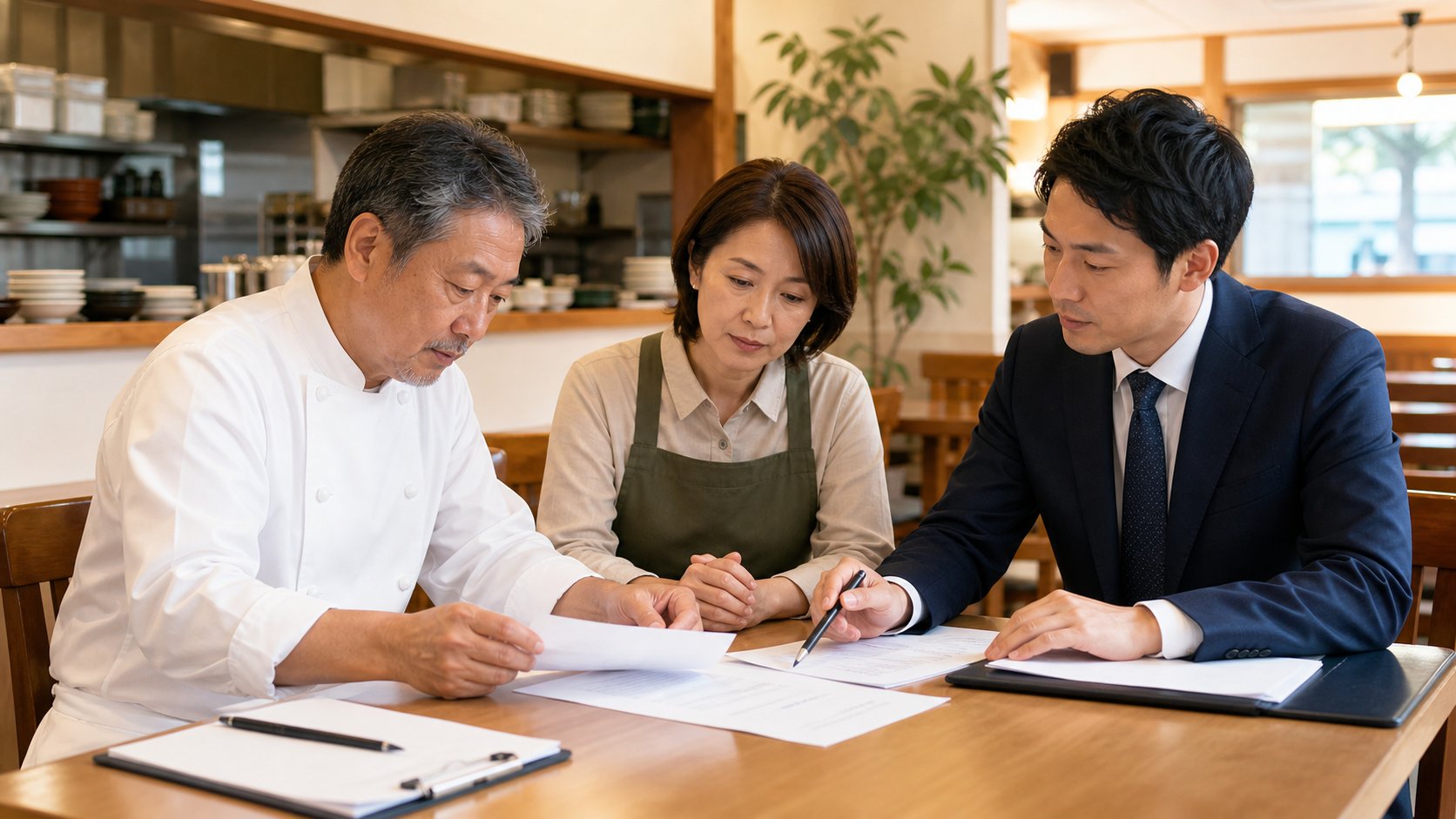 川口の飲食店M&Aで営業許可と店舗資料を確認する経営者とアドバイザー